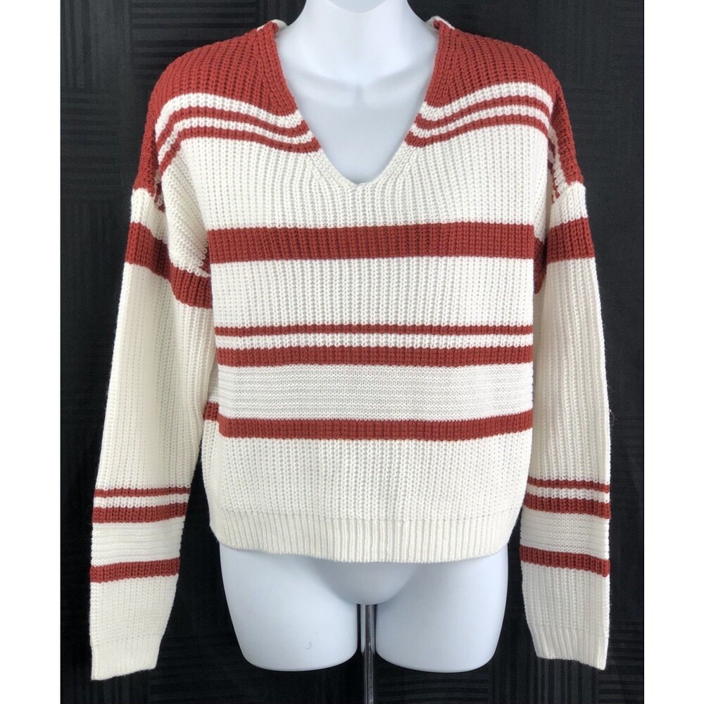 NWT Derek Heart Crop Sweater L Ivory/Brown V-Neck Braided Laced Back Long Sleeve